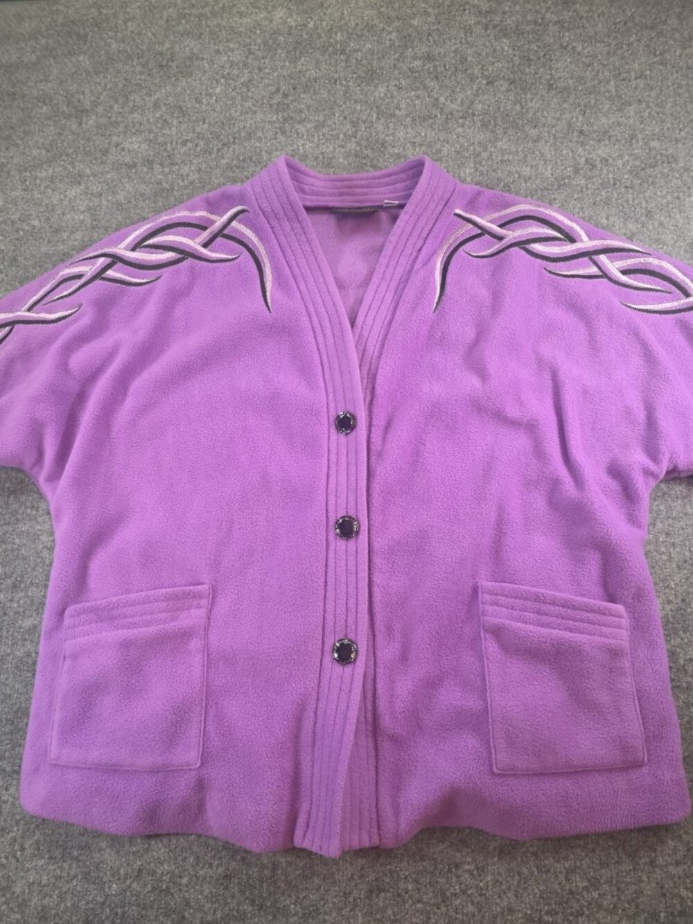 Bob Mackie Fleece Jacket Women's 2XL Wearable Art Purple Embroidered Pockets